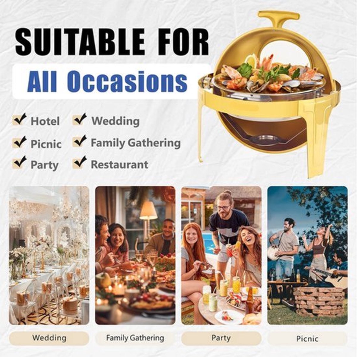Chafing Dish - Warmhoudplaat - Buffetwarmer - Warmhoudbakken - 6QT - Roestvrijstalen Buffet Set - Rond Ontwerp – Dik Frame – Geschikt voor Catering, Feesten & Bruiloften - Goud