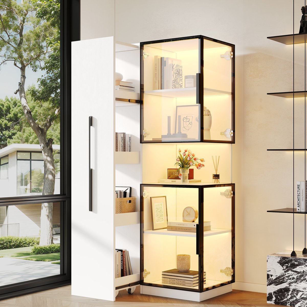 Sweiko Vitrinekast - Boekenkast - Badkamerkast - Glazen deuren - LED-verlichting - 70 × 38 × 160 cm - Wit