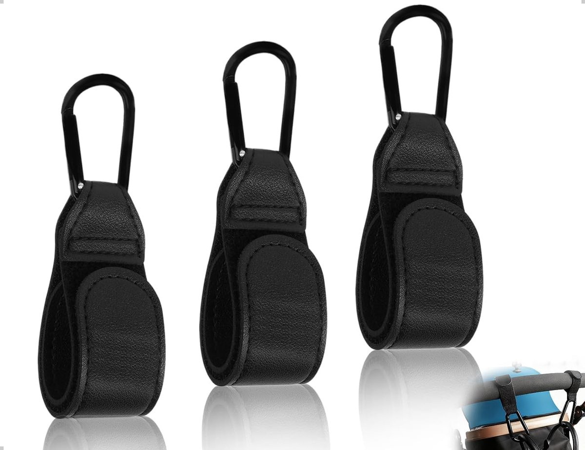 Set van 3 Universele Kinderwagenhaken van Leer - Handige Accessoires voor Luiertassen, Handtassen en Rugzakken (Zwart)
