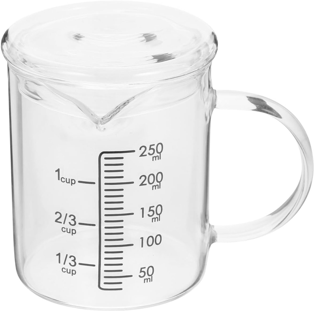 Multifunctionele maatbeker van glas met schaalverdeling, 250 ml, hittebestendig en glad, voor keuken en bakken, met glazen deksel