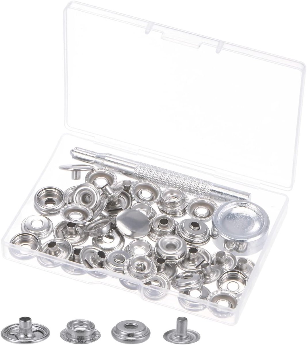 Sourcing map Set van 12 snelsluitingen, 3/5 inch, 15 mm, roestvrij staal, pers, klinknagels, knopen met 2 inrichters en opbergbox voor kleding, leer, naaien, zilverkleur