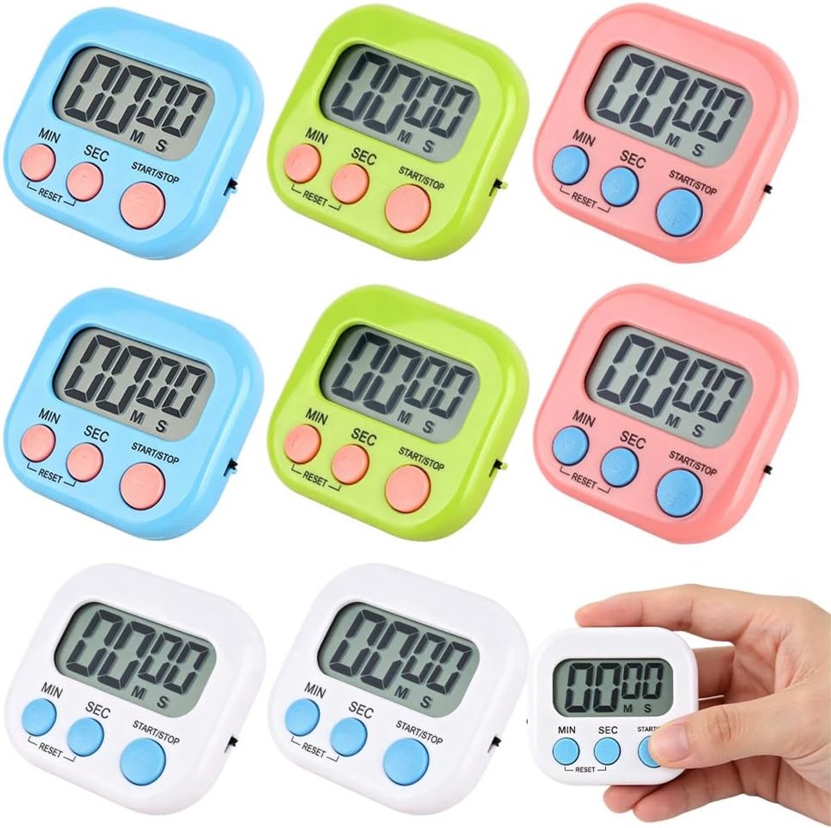 Keukentimer, 8 stuks, stopwatch met groot lcd-display, digitale lcd-timer voor keuken, fitness, bakken, studie en sport