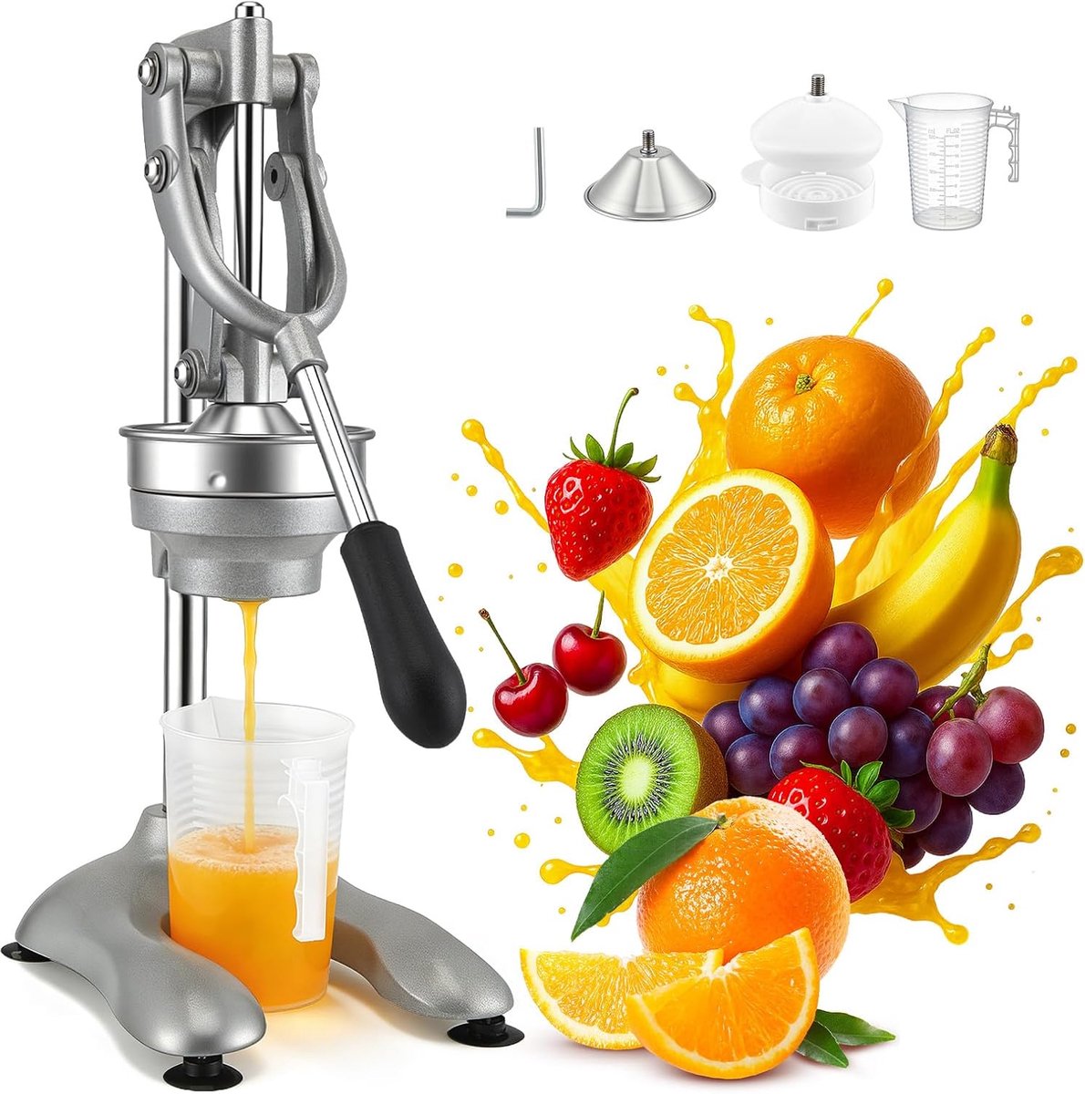 Handmatige Sapcentrifuge, Professionele Fruitpers voor Sinaasappels & Citrus, Hoogwaardige Citruspers van Professionele Kwaliteit, Zilver, 25 x 19 x 45 cm inclusief maatbeker van 500 ml