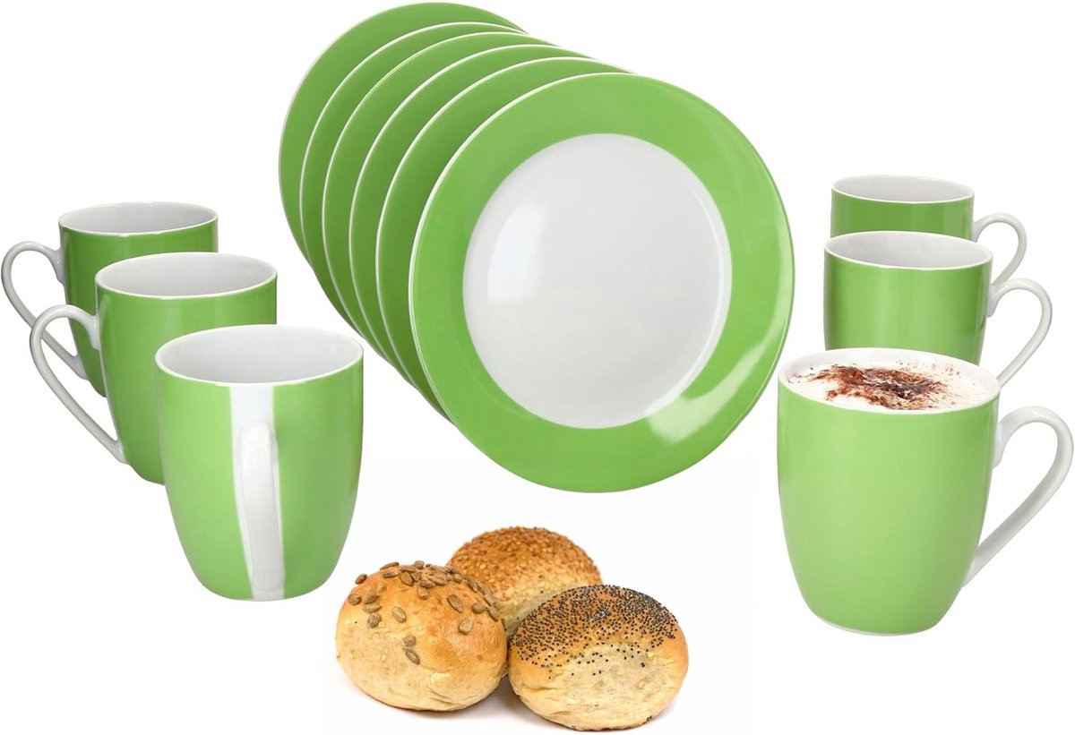 Variant Groene 12-delige ontbijtset, 6 x kleine borden en koffiekopjes 350 ml, hoogte 10,3 cm voor 6 personen, kopjes, taartborden, porseleinen servies voor ontbijt- en koffietijd