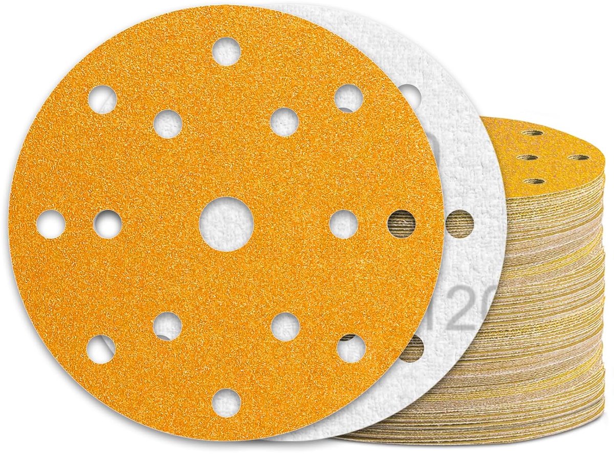 Schuurpapier, 60 stuks, 150 mm, klittenband, korrel 120, 15 gaten, voor excentrische schuurmachine