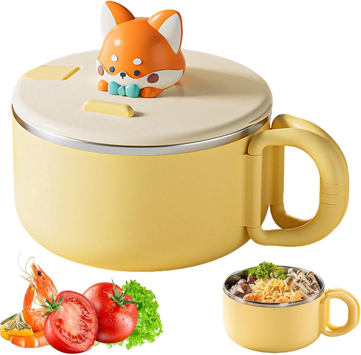 Ramenkom met deksel, instant noedelschaal, ramensoepkommen, lekvrij, met handvat, vak voor mobiele telefoon, voor soepen, pasta, salades, fruit, 1200 ml, geel