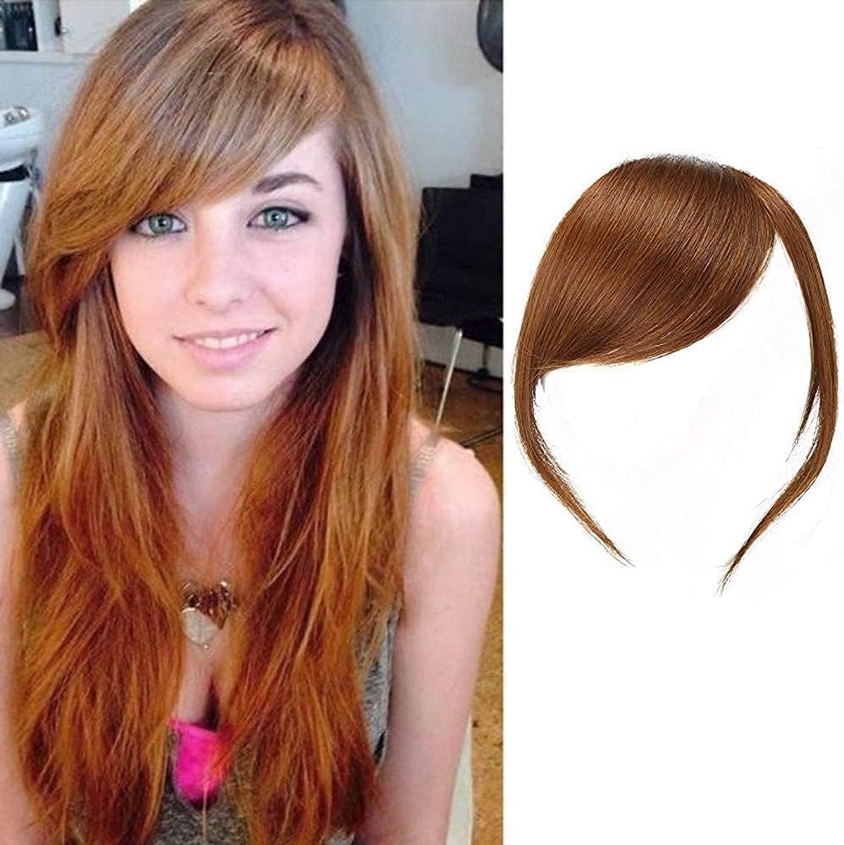 Pony aan de zijkant van echt haar, 100% echt haar, pony, zijpony, rechte franjes, haarverlengingen (Lichtbruin kleur, met tempels)