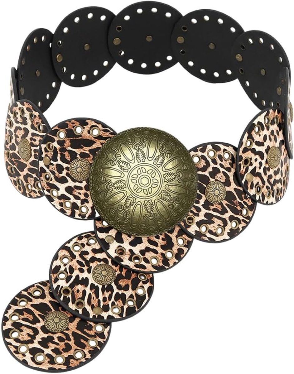 97 x 8,9 cm brede vintage tailleriem van PU-leer met luipaardpatroon, middeleeuwse holle boho-westernstijl, dikke schijfriem met gouden gesp, verstelbare breedte
