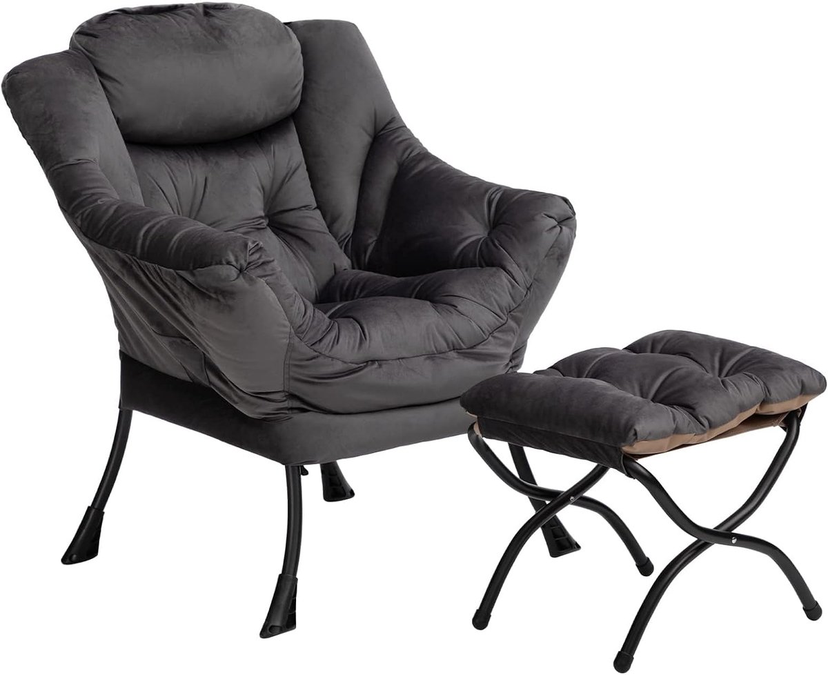 Relax Fauteuil met Voetenbank Woonkamer Stoel Slaapkamer Stoel Lounge Stoel met Armleuningen Leesstoel Accentstoel met Stalen Frame, Donkergrijs