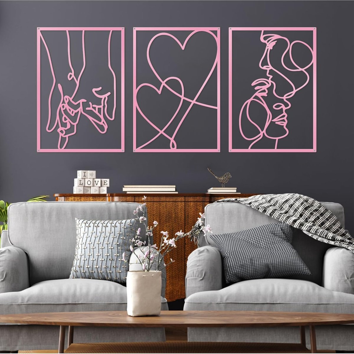 3 stuks metalen minimalistische lijn muurkunst Valentijnsdag minnaar kus hand metalen wanddecoratie esthetische moderne huis opknoping muur kunst decor voor slaapkamer woonkamer (roze)