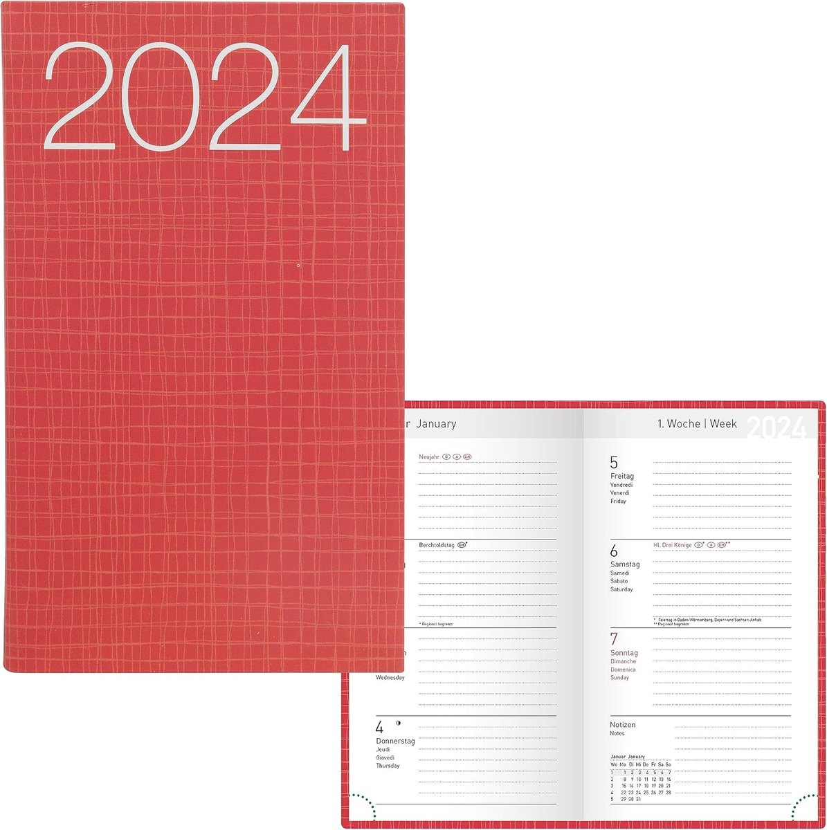 11032 - Zakagenda 2024, Ladytimer grafisch rood, 87 x 153 mm, 128 pagina's, weekplanner met flexibele kaft