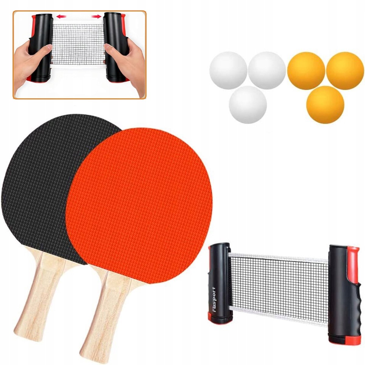 Complete Tafeltennis Set: 2 Batjes, 6 Ballen, Uitschuifbaar Net & Tas