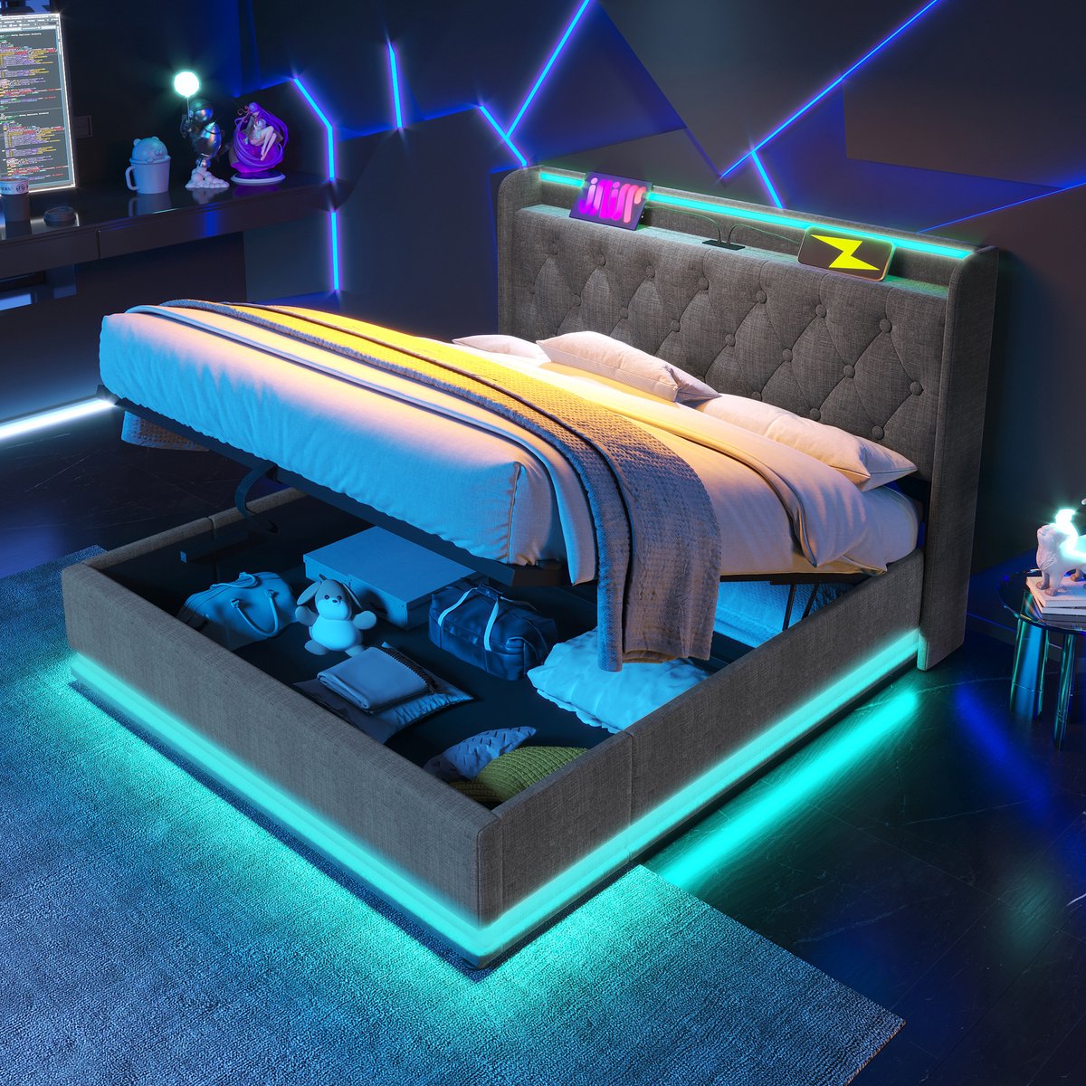 Gestoffeerd bedframe - voor matras 140 x 200 cm - grijs - met LED-verlichting en USB-aansluiting en opbergruimte en lattenbodem - voor de slaapkamer