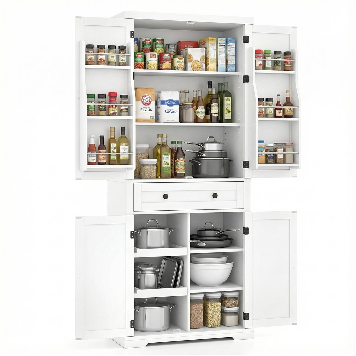 COSTWAY Hoge keukenkast, 184 cm Voorraadkast voor keuken, Buffetkast met 4 verstelbare planken, 2 uitschuifbare laden, 4 deuren & lade, Vrijstaande opbergkast voor eetkamer (Wit)