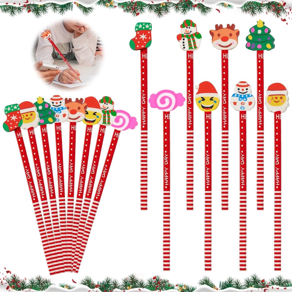 SolidKeus - 32 Stuks Kerstpotloden met Gum voor Kinderen