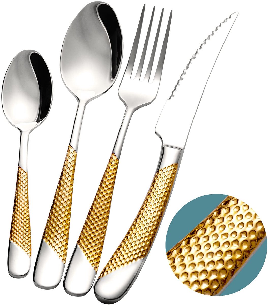 SolidKeus - 24-Delige Hammered Bestekset met Ultra-Scherpe 2-in-1 Kartelmes