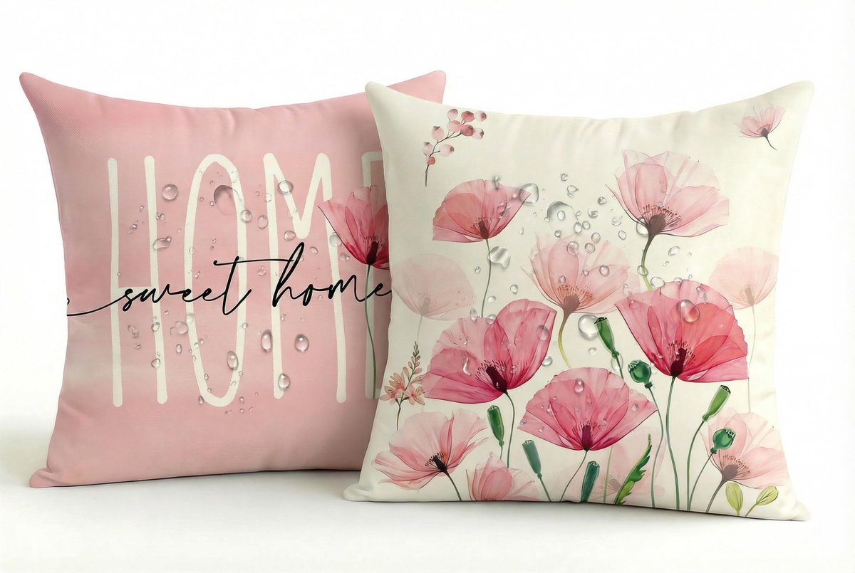 SolidKeus - Set van 2 Waterdichte Buiten Kussenhoezen, 40 x 40 cm, Roze Bloem Design