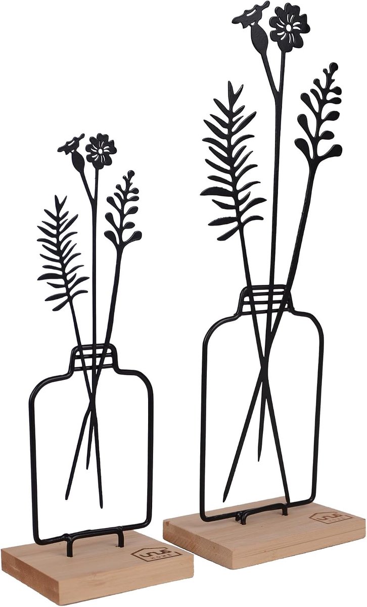 Staande bloemenvaas - set van 2 - metaal - bamboe - hout - decoratieve tafeldecoratie - huisdecoratie - zwart