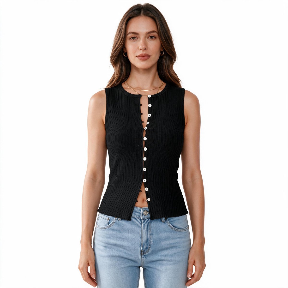 Imily Bela Dames Geribd Gilet Mouwloos met Knopen