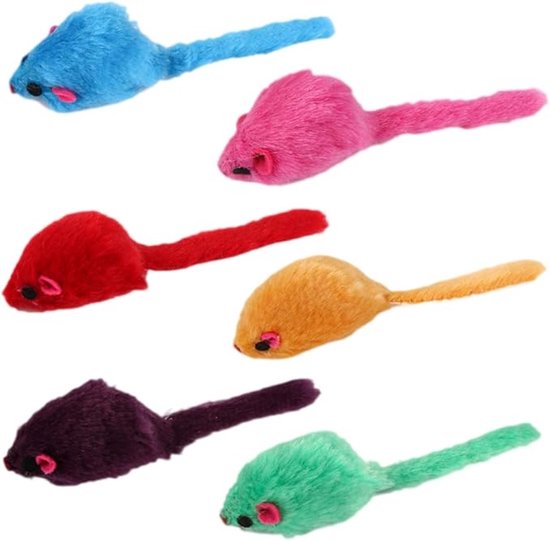 Zes pluche speelgoedmuizen in blauw, roze, rood, oranje, paars en groen.