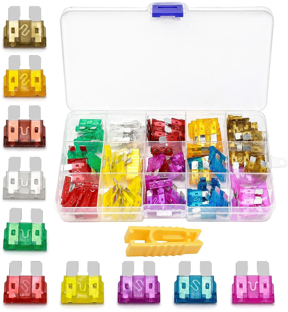 100 stuks mechanische autozekeringen voor auto, motorfiets, boot, vrachtwagen, assortiment auto, bladzekering, klein, 3 A, 5 A, 7,5 A, 10 A, 15 A, 20 A, 25 A, 30 A, 35 A, 40 A