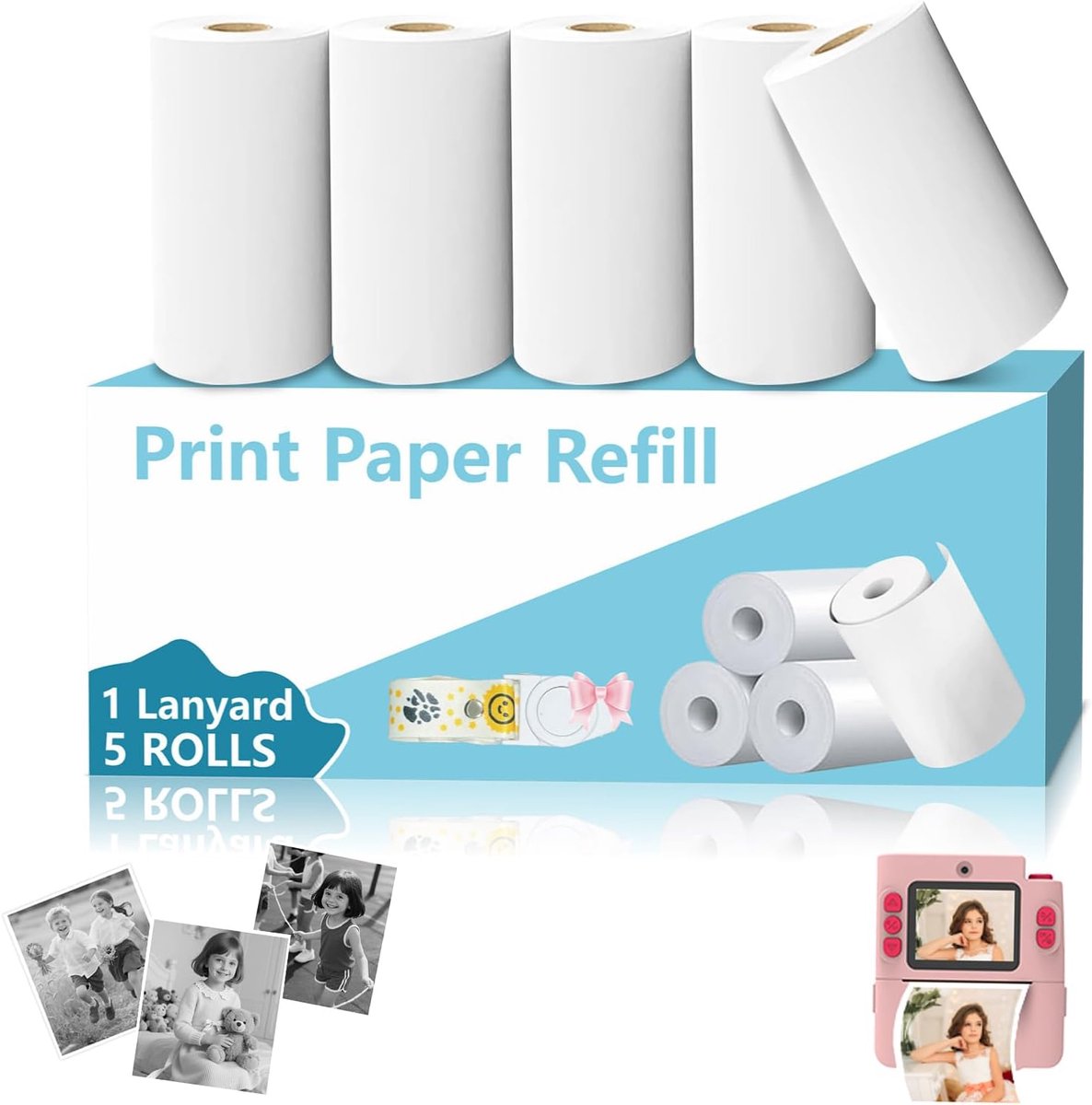 5 rollen printpapier voor kindercamera, direct thermisch papier, navulpapier voor kindercamera, onmiddellijke printcamera (lengte: 5,5 m, breedte: 5,6 cm)