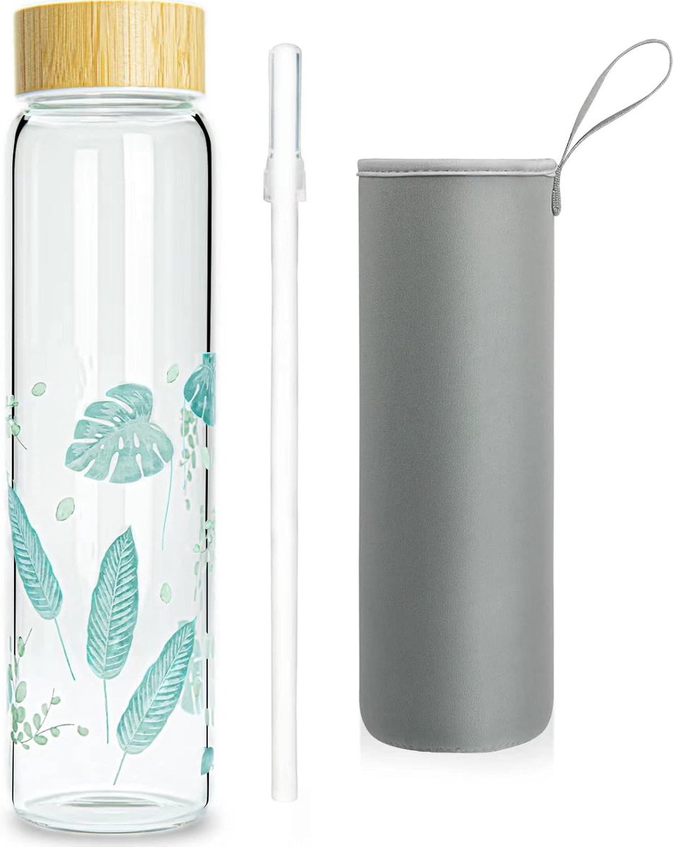 Waterfles met bamboe deksel en neopreen hoes, herbruikbare glazen vuilfles brede mond BPA-vrij 600 ml/1 l/1 l (1000 ml, blauw blad 1l)