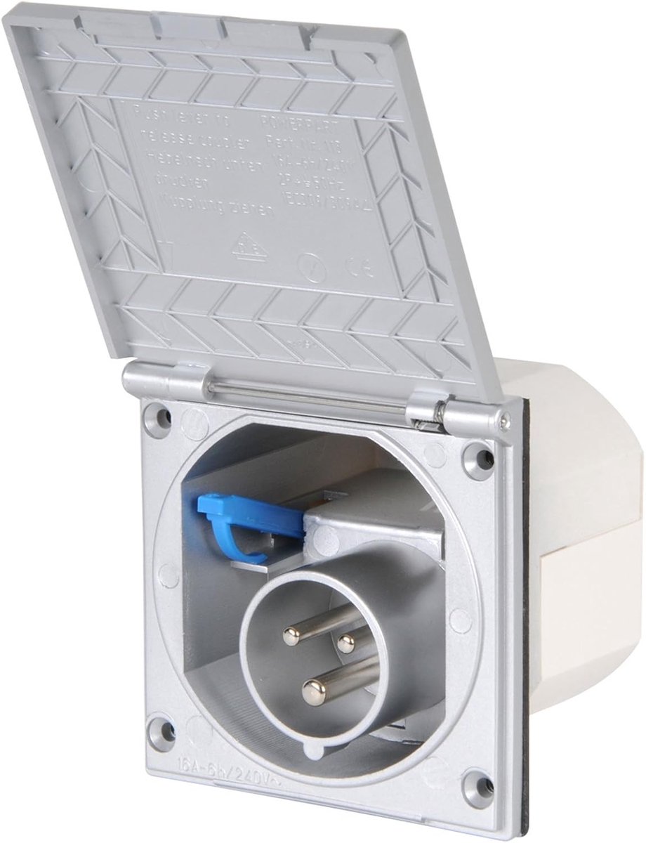 Buitenstopcontact zilver spatwaterbestendig IP 44 200-250V, 16A, 3-polig voor caravan, camper of boot