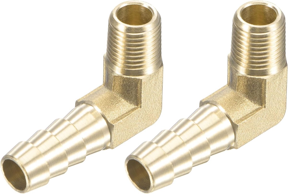 Sourcing map Verpakking met 2 stuks messing slangaansluitingen elleboog slangaansluiting rechte hoek 5/16 inch x 1/8 NPT buitendraad
