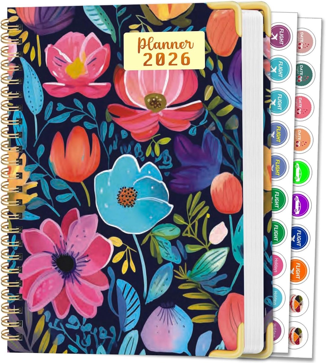 2026 Planner Kalender – Week- & Maandplanner Hardcover 15,8×21,7 cm, Bloemontwerp Organizer met Tabs, Notitiepagina’s & Stickers, Productiviteitsplanner voor Werk, Studie & Thuis A268