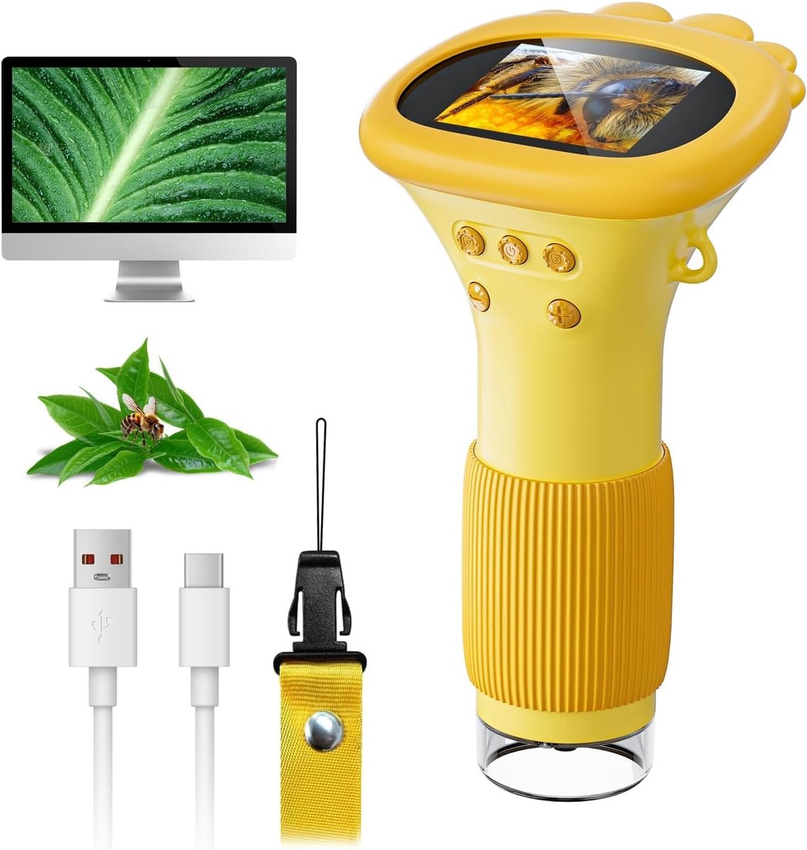 Microscoop voor kinderen, SGAINUL 1000X zakmicroscoop met 2,0 inch IPS-scherm, USB-microscoop, vergrootglas, 8 ledlampen, aansluiting op pc, mini-kindermicroscoop voor tuinspeelgoed, 4-12 jaar (oranje