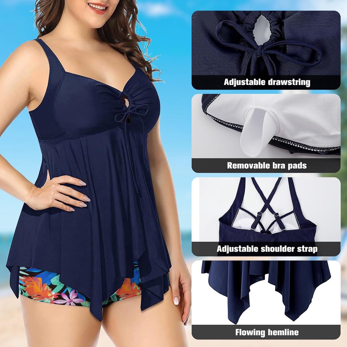 2-delig zwempak voor dames, vloeiende tankini met shorts, S-3XL dameszwemkleding met afneembare gewatteerde strandkleding, zwart, marineblauw, rood, geel, groen