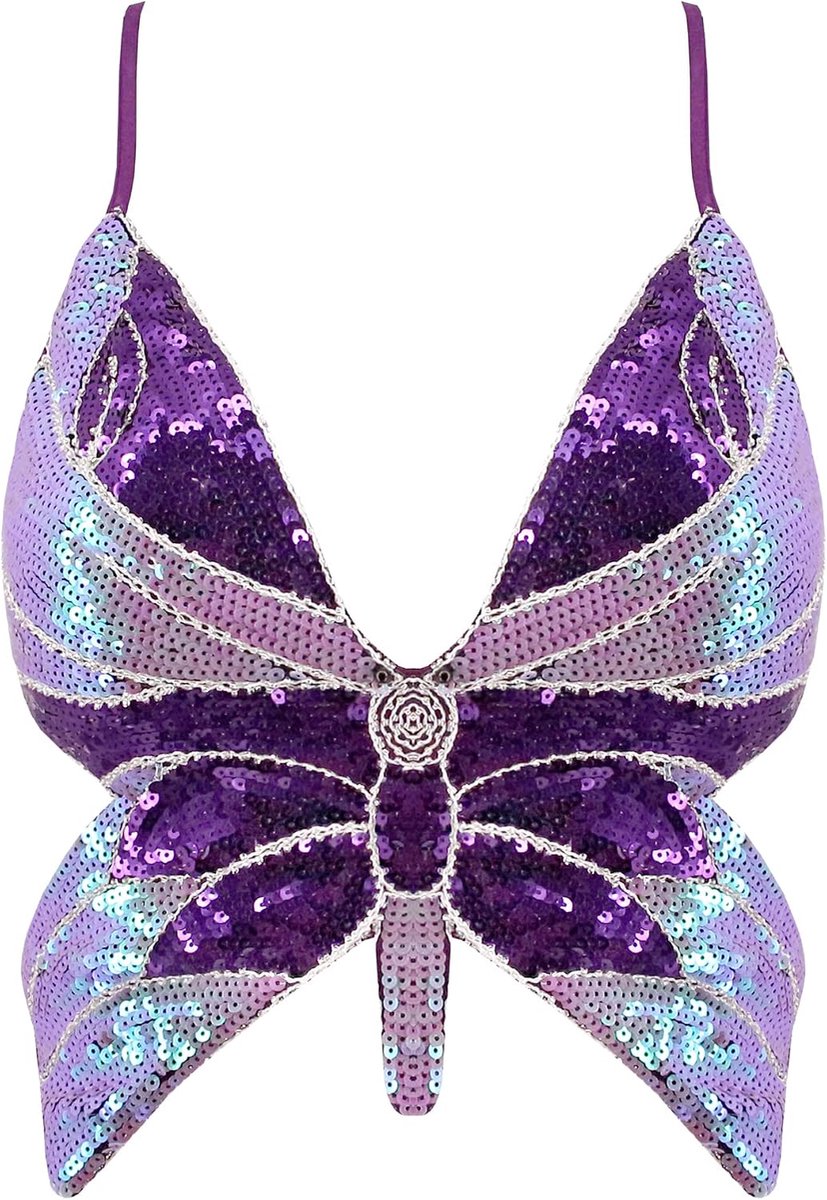 Dames-topje met glitters en pailletten in vlindermotief, laag uitgesneden buistopje in festivalstijl, voor buikdanskleding