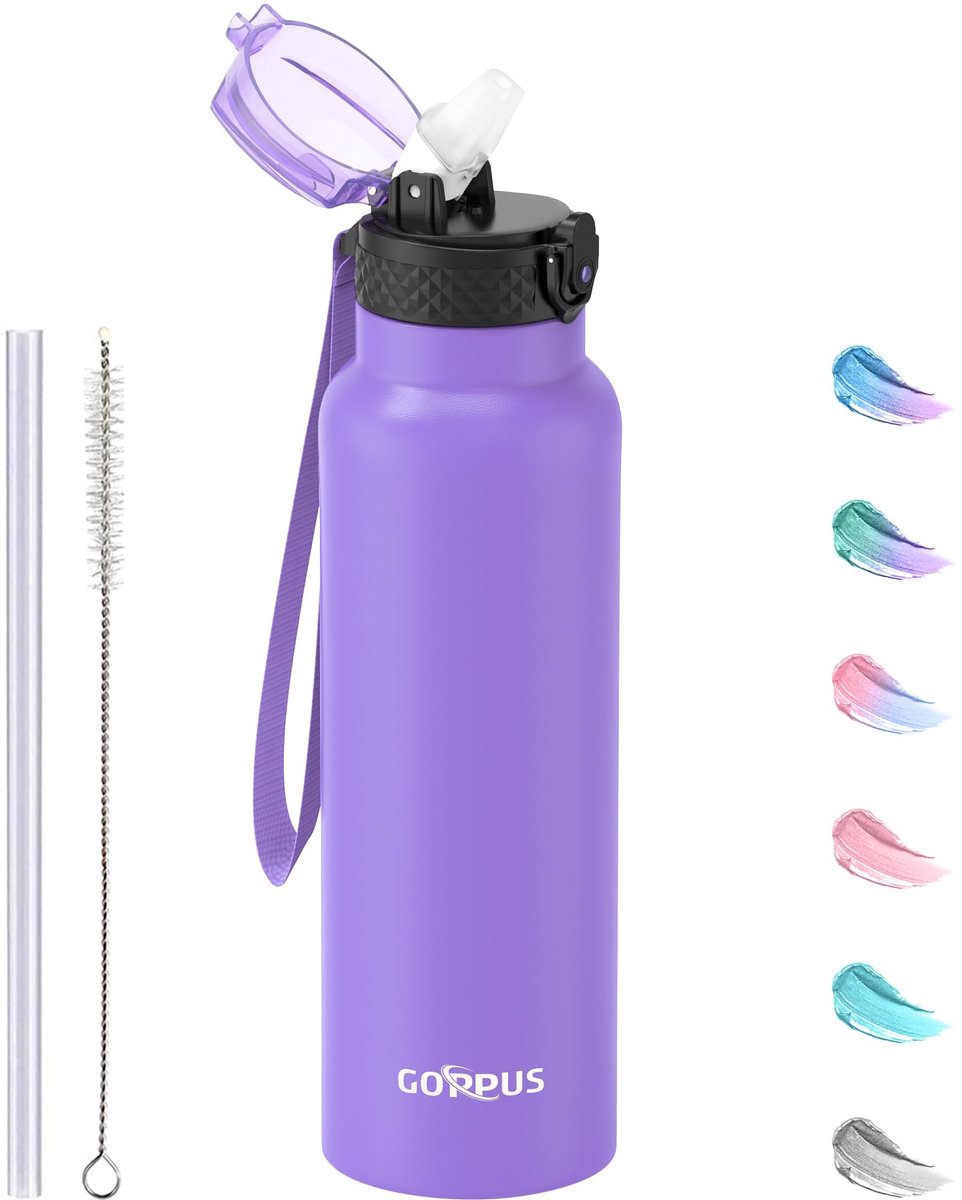 Omgoods - Geïsoleerde Waterfles met Rietje 750 ml, Roestvrij Staal