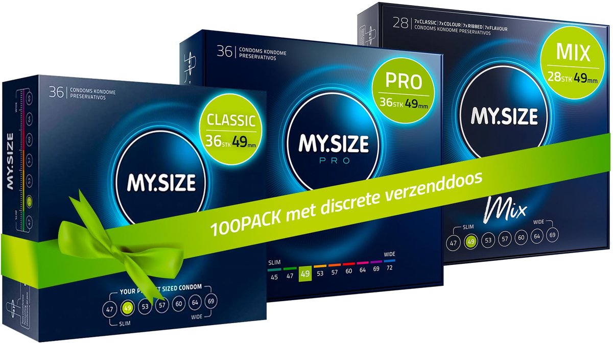 MY.SIZE 100 Condooms 49 mm Megaset Classic+Mix+Pro I Maat 1 I 100 stuks voordeelverpakking I Extra dun Premium condoom I Zeer dun gevoelig I Dunne wand I Vegan condooms I Condooms voor mannen