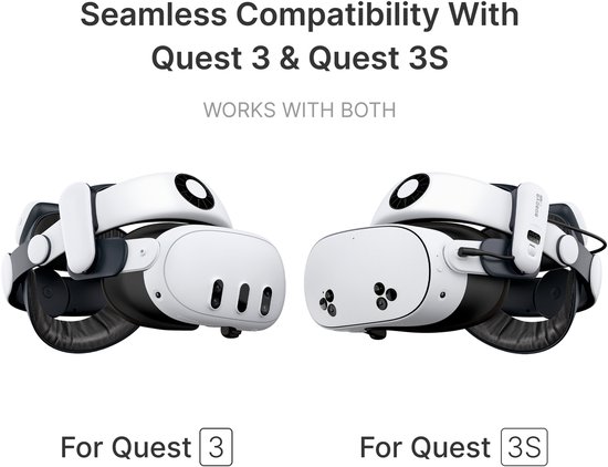 Twee witte VR-headsets, één voor Quest 3 en één voor Quest 3S. Tekst: 'NAADLOZE COMPATIBILITEIT MET QUEST 3 & QUEST 3S'.