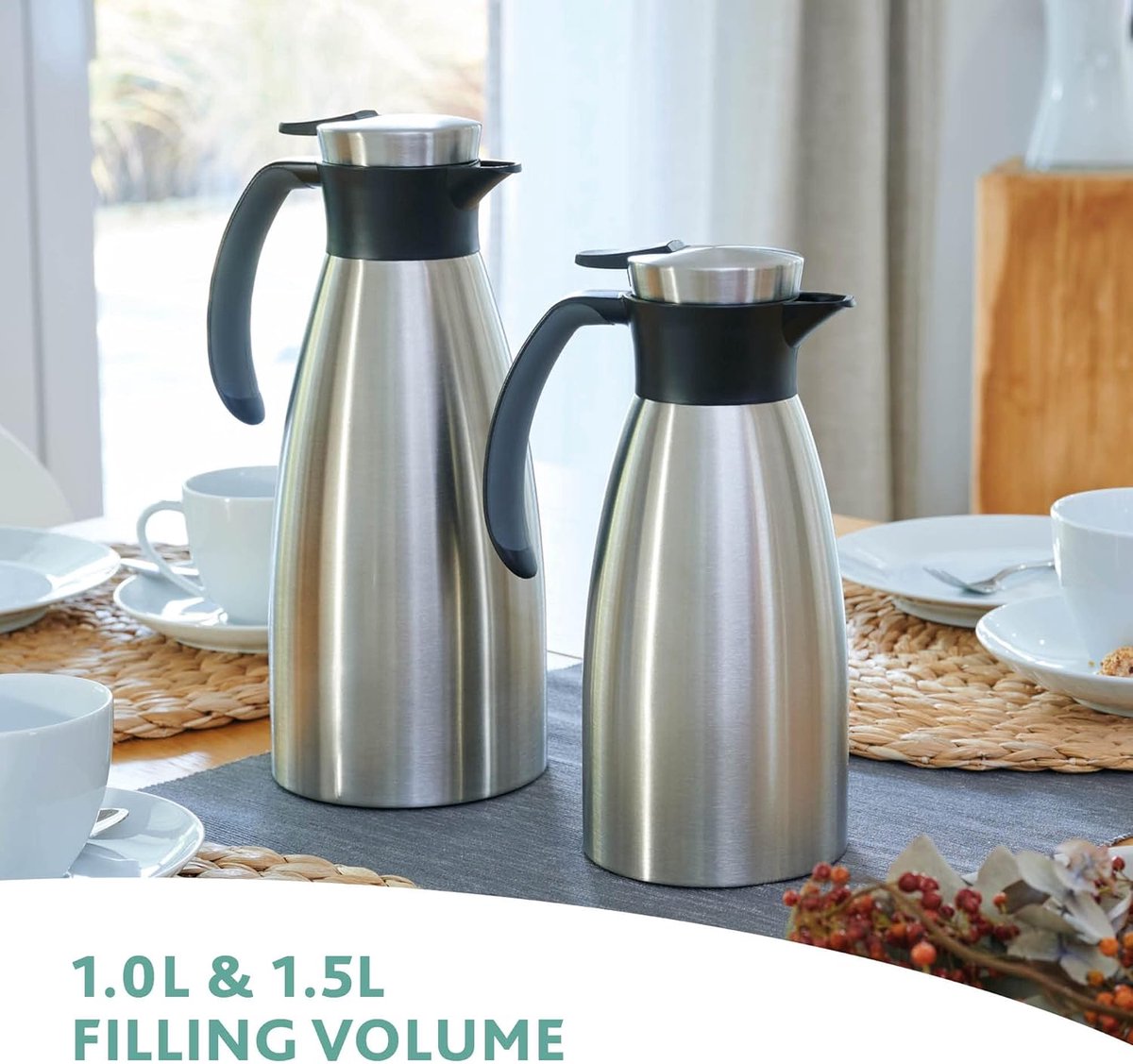 Thermoskan RVS - Isolatiekan Dranken - Dranken Warm Houden - 100% Lekdicht - 1 Liter - Zwart — cadeau in Koken & Dineren - foto 4