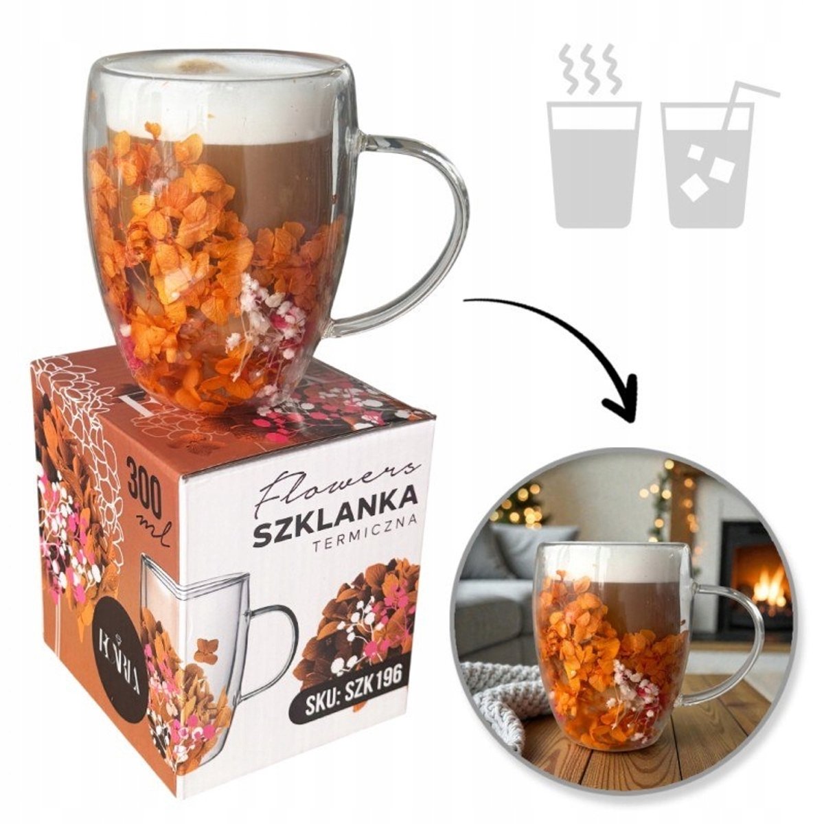 Glazen Mok voor Koffie & Thee, 300ml, Mix van Bloemen