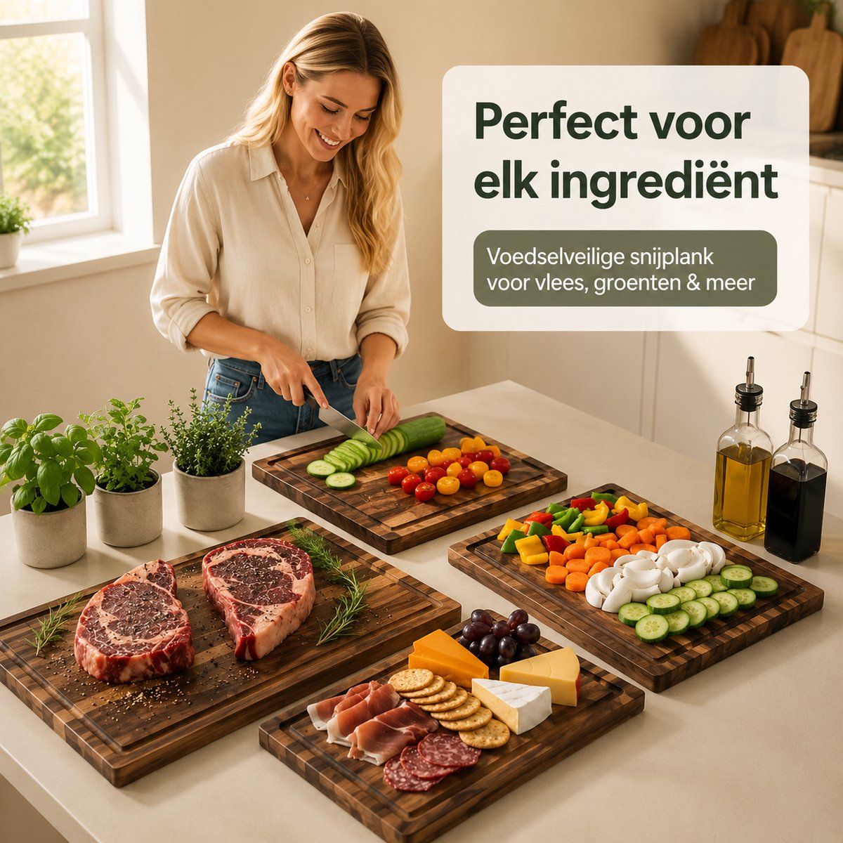 BOTC Houten Snijplanken Set 4-Delig - Snijplank met Sapgeul - Keuken Snijplanken voor Vlees, Groente & Brood - Ook als Serveerplank en Borrelplank — cadeau in Kookcadeaus - foto 5