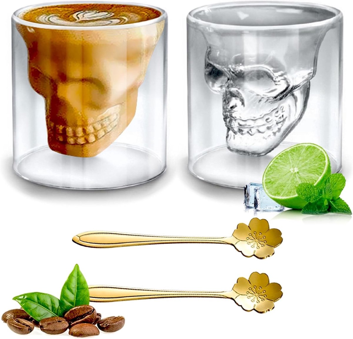 Halloween Tumblers en Cider Glazen - Set van 6 Skallen Glazen voor Whiskey, Vodka en Drankjes - Dubbelwandige Drinkbekers van 250ML voor Feestjes en Decoratie