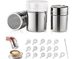 Poedersuikerstrooier Set - Zilver - 19,5 x 15 x 7,7 cm - Roestvrij Staal met Deksel - Voor Koffie, Cacao en Specerijen