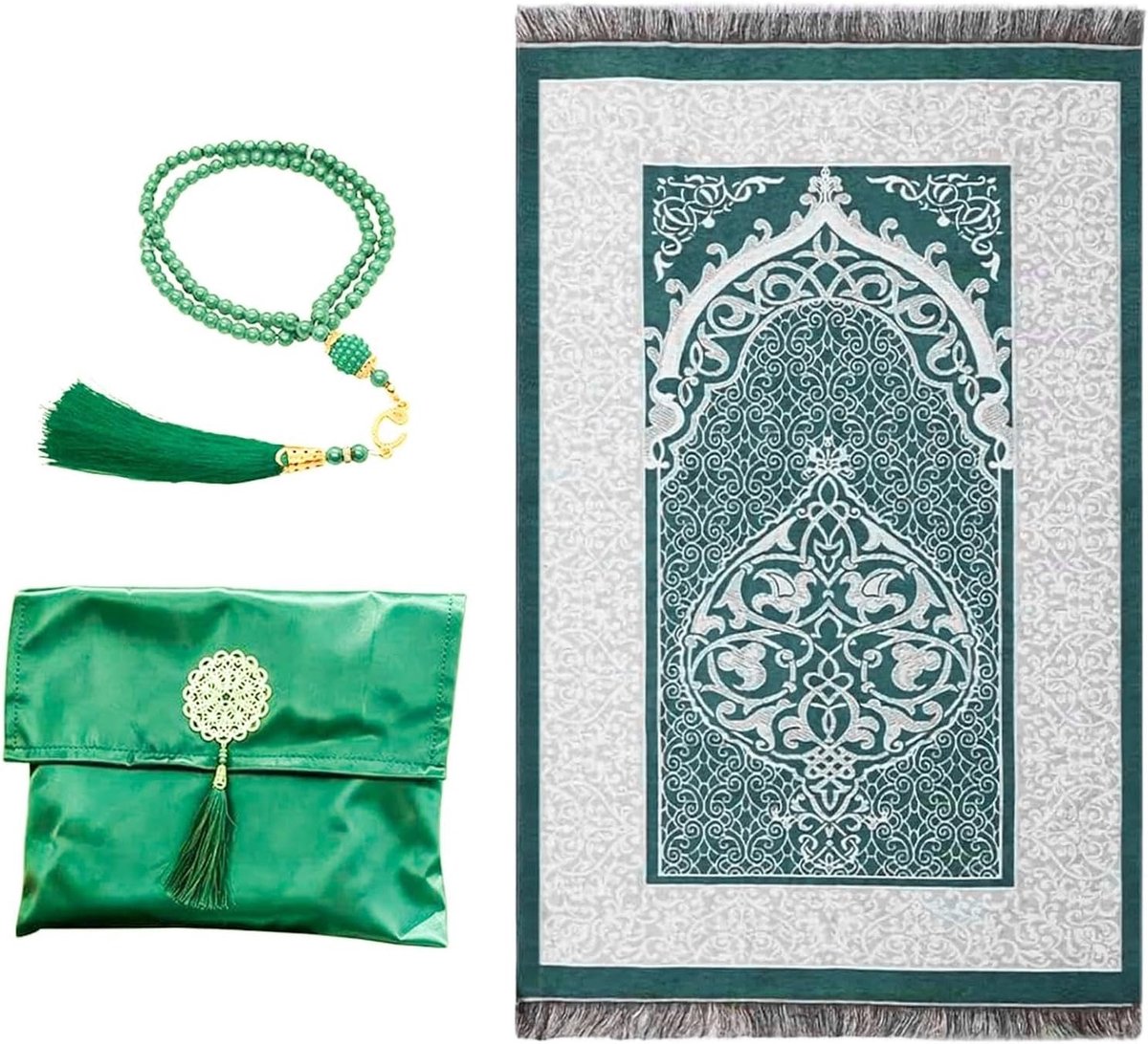 Draagbaar opvouwbaar gebedstapijt in donkergroen met opbergtas en gebedsketting voor moslims, ideaal voor reizen en speciale gelegenheden zoals Ramadan en bruiloften
