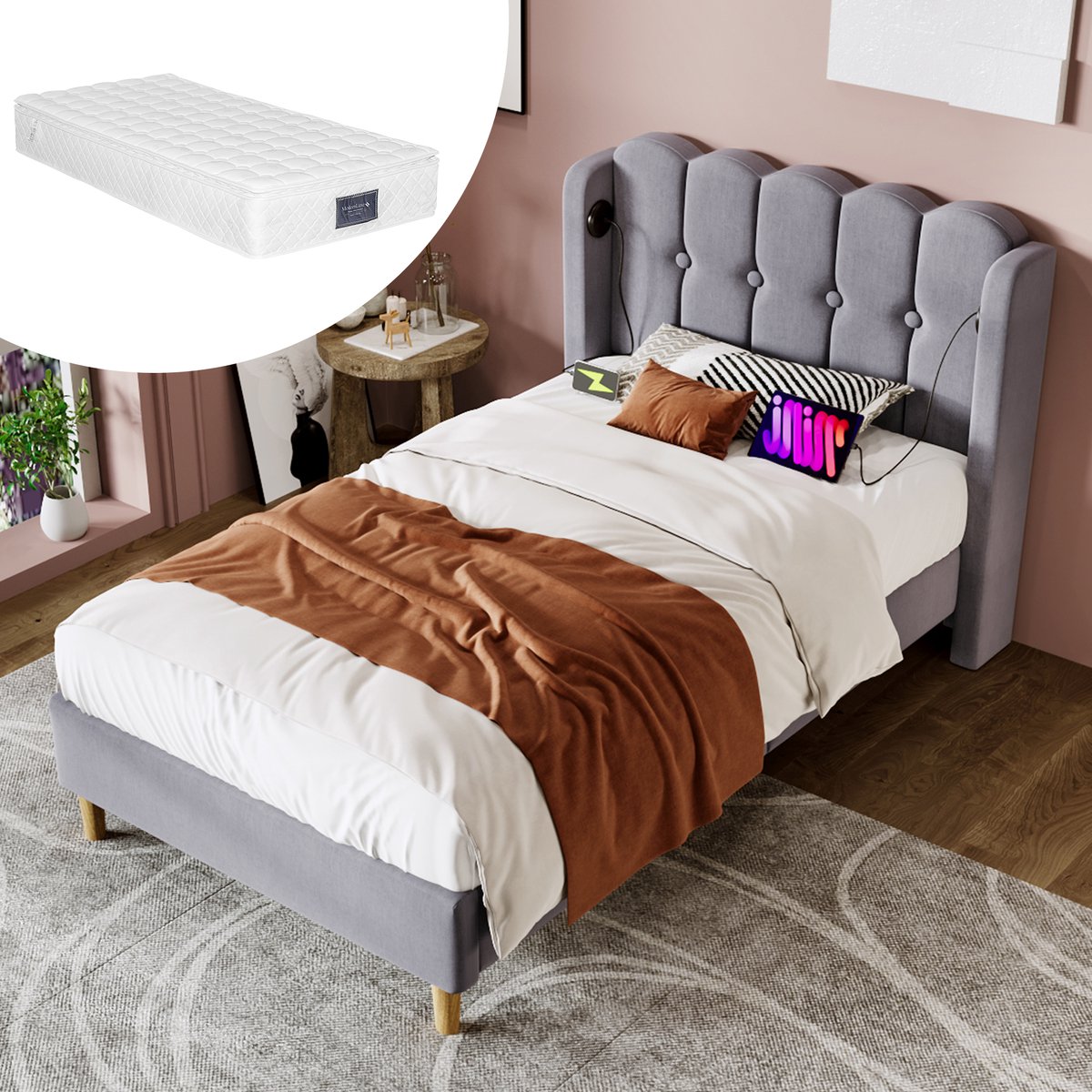 Bedframe - 90x200 Cm - Bed - Met Lattenbodem - USB C - Grijs - Met Matras