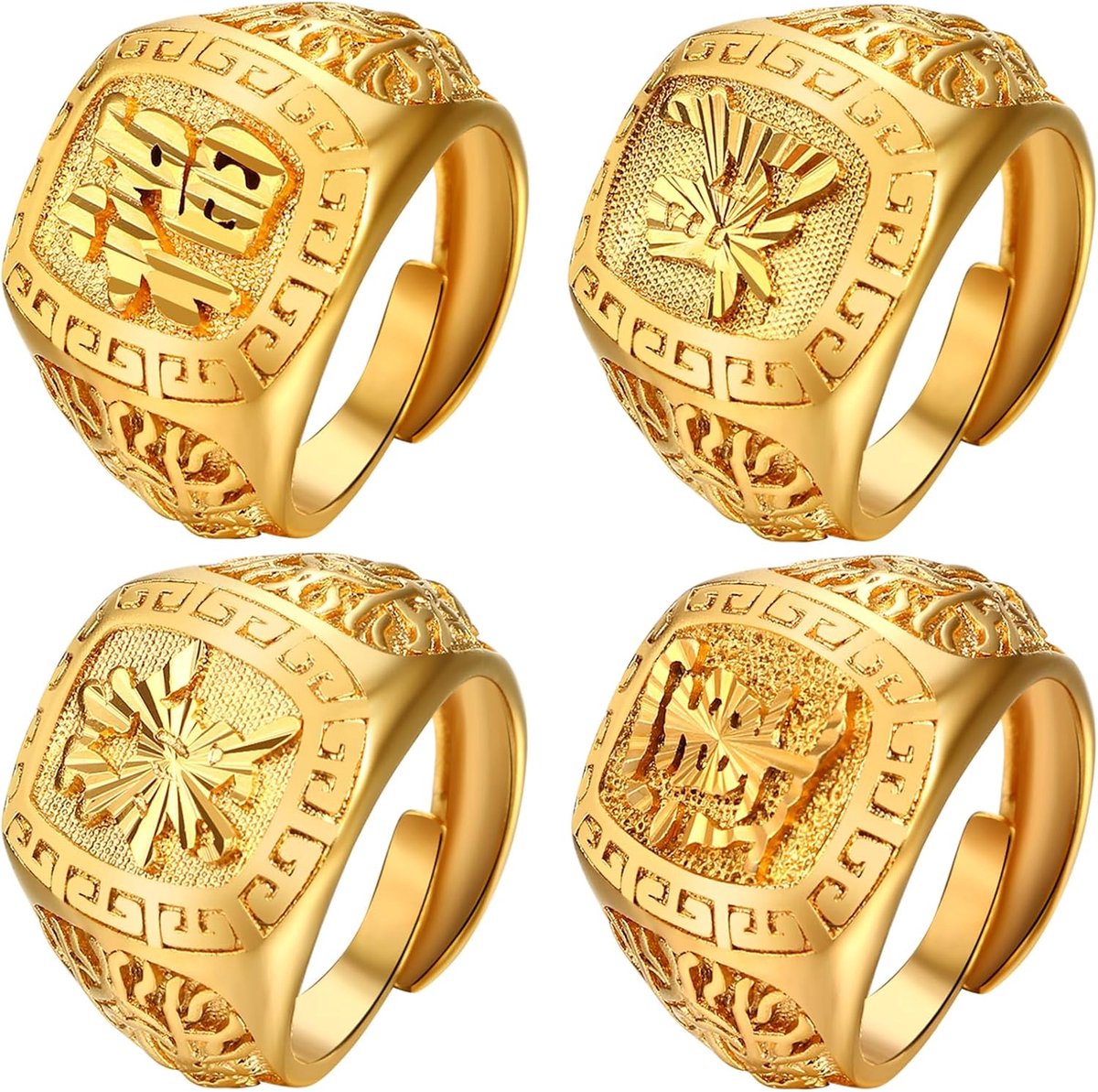 3 Stuks Gouden All Well Mannelijke Ring in 18 K 18 Karaat Goud Authentieke Gouden Kanji Rich Luck Rijkdom Verstelbare Size Gift