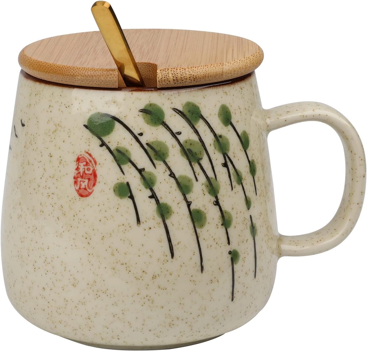 Retro keramische koffiemok, unieke vintage prachtige geglazuurde kopjes met lepel en deksel, 13oz oven verandering klei thee kopje creatief cadeau voor vrienden/minnaar (Willow Branch)