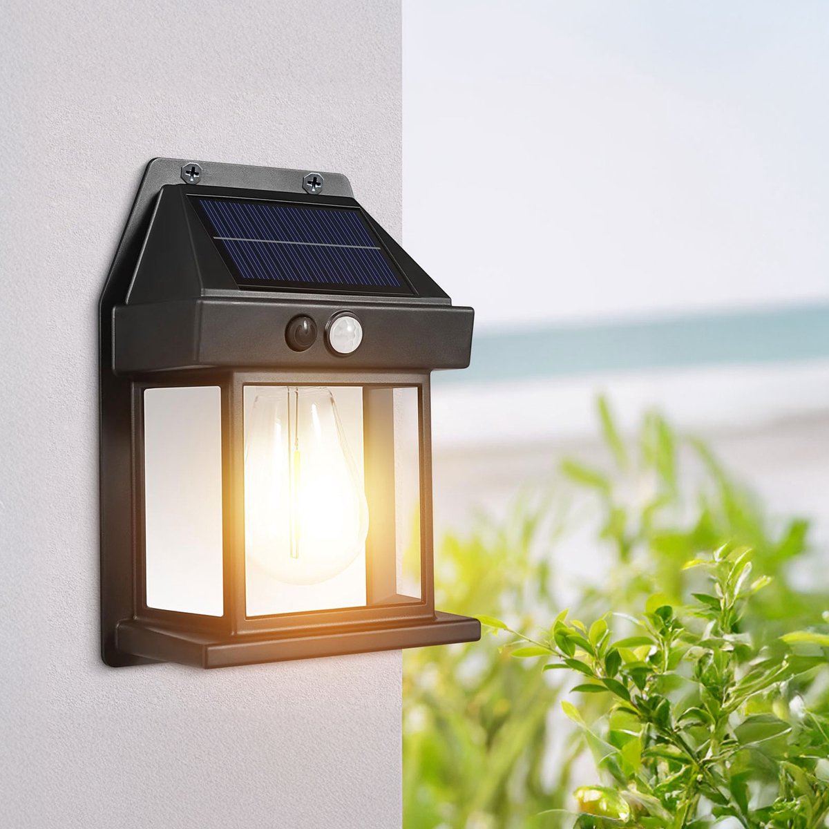 Solar Wandlamp Buiten Met PIR Bewegingssensor (120°) - 1 LED-Filament - Warm Wit - 3 Modi - Lichtsensor Automatisch Aan/Uit - Zwart - Weerbestendig [13007]