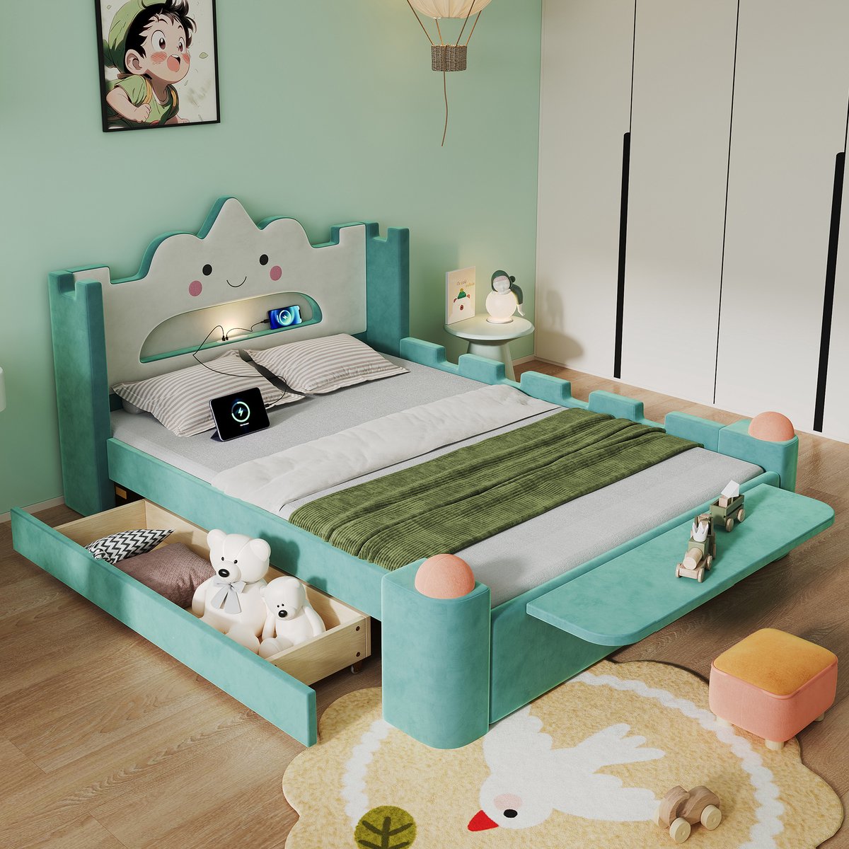 Kinder Gestoffeerd Bed 140x200 cm Zonder Matras Wolken Hoofdbord Met Leeslamp En Usb Opberglade Klapplank Valbeveiliging Blauwgroen