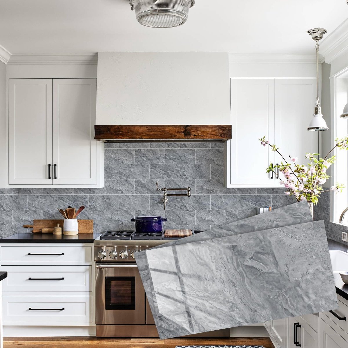 SolidKeus - Zelfklevende Wandtegels voor Keuken en Badkamer, Marmer, Grijs, 15 x 30 cm