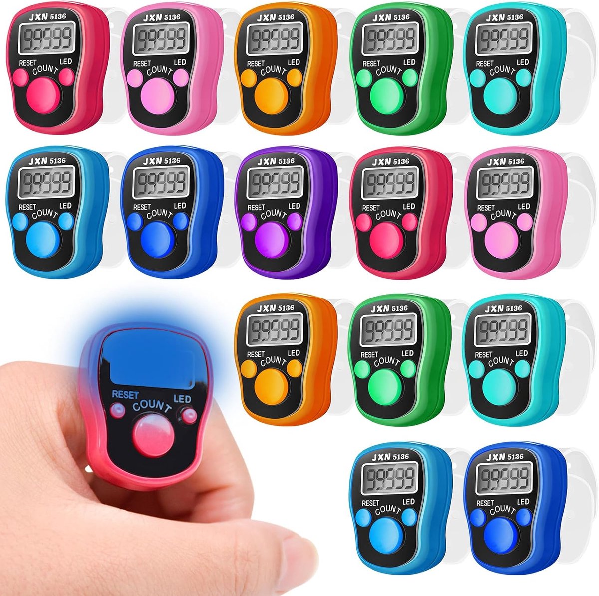SnelShoppen - Elektronische Vinger Teller, 15 Stuks, LED Teller met Nachtlichtfunctie, Vinger Teller voor Golf, Serie Teller voor Sport, Sportbijeenko