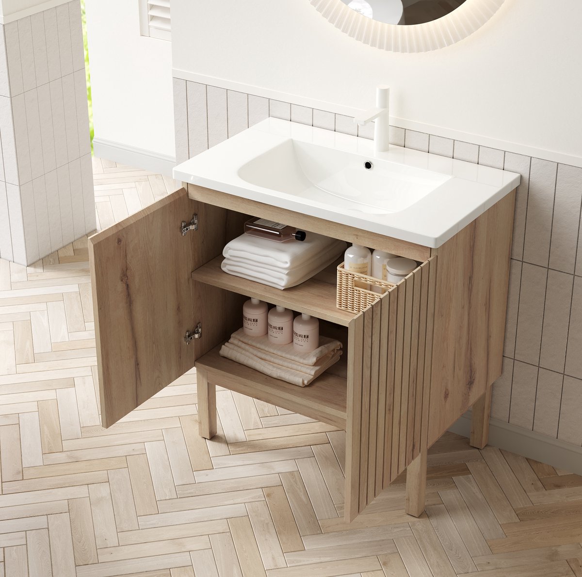 REDOM - Badkamermeubel met wastafel - Geïntegreerde keramische wastafel - Verstelbare plank - Soft-close deuren - Vrijstaand - Witte eik - 80,5 x 46,5 x 88 cm